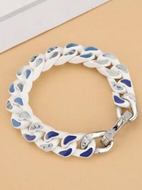 Louie Vuitton Inspired White and Blue Enamel Chain Bracelet w/ Silver Hardware